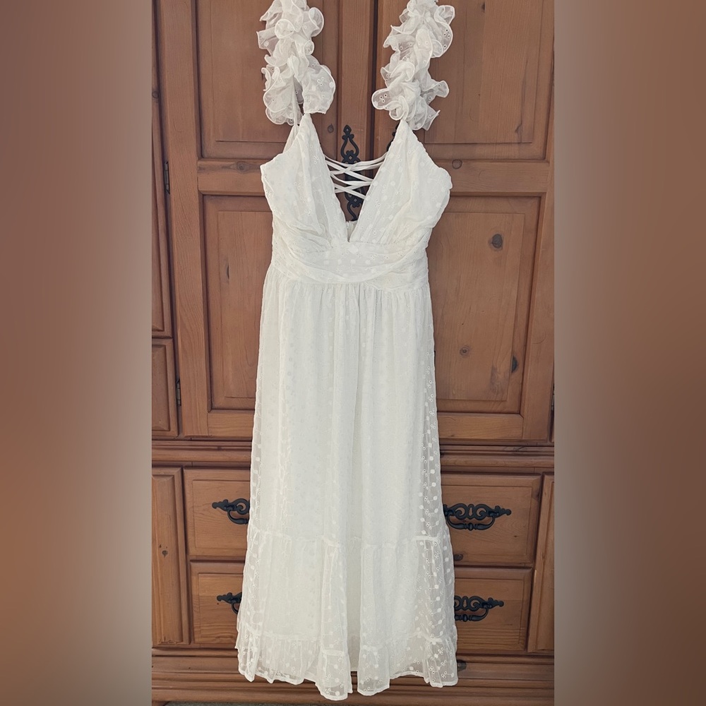 Lulus Dreamy Favorite White Eyelet Embroidered Ruffled Lace- Up Dress